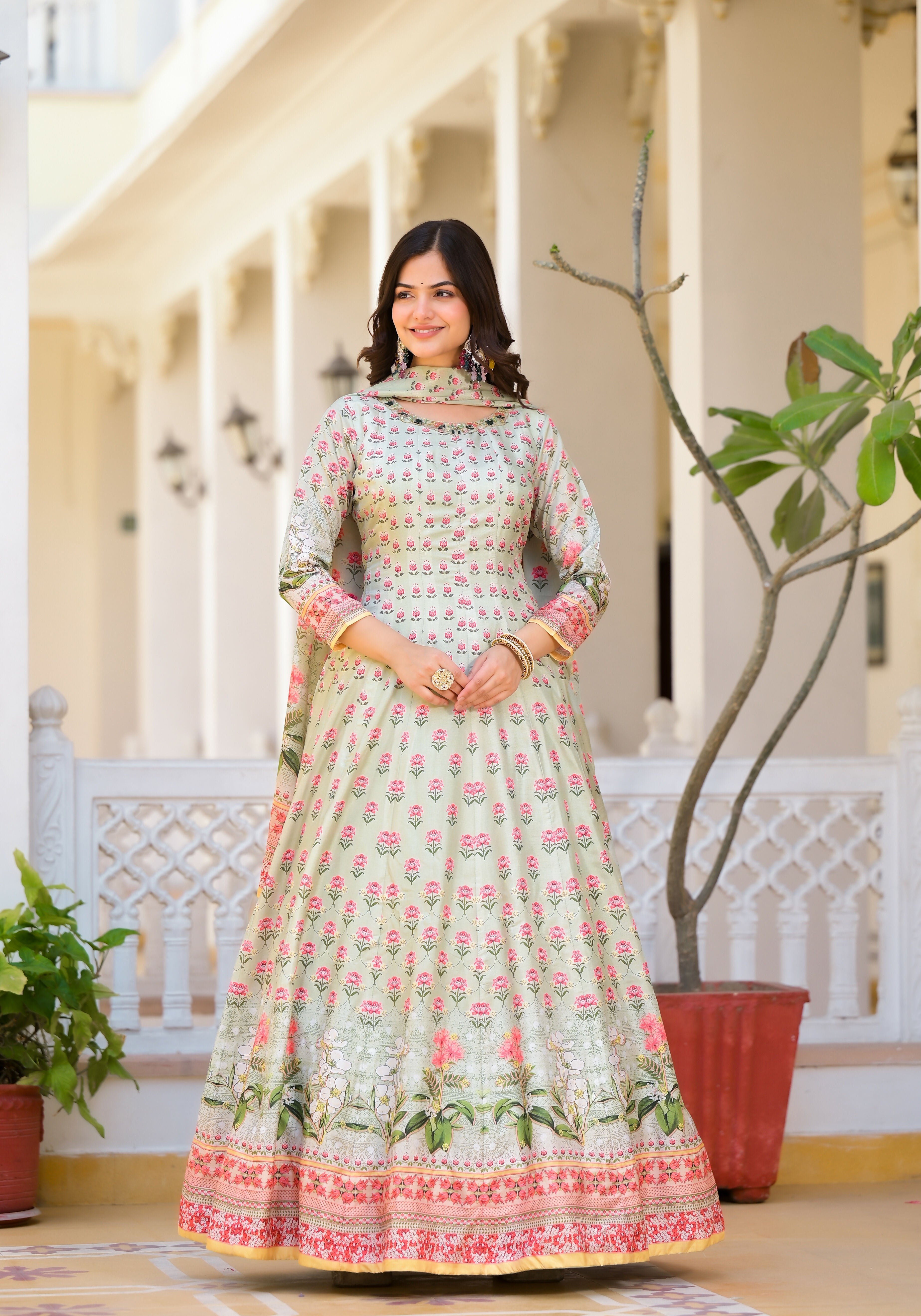 Partywear Designer Pista Dola Silk Anarkali suit with Dupatta - Samyukta