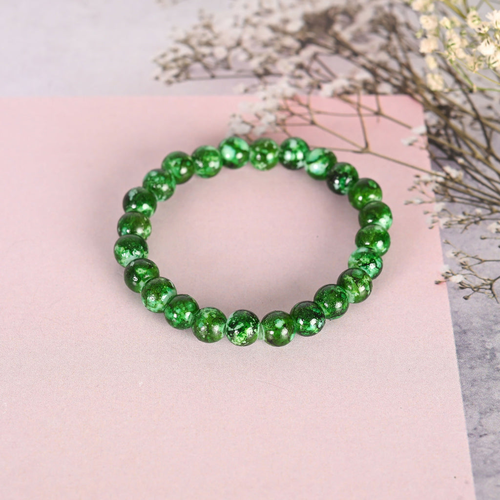 NVR Men & Women Green Marble Crystal Beaded Elasticated Bracelet