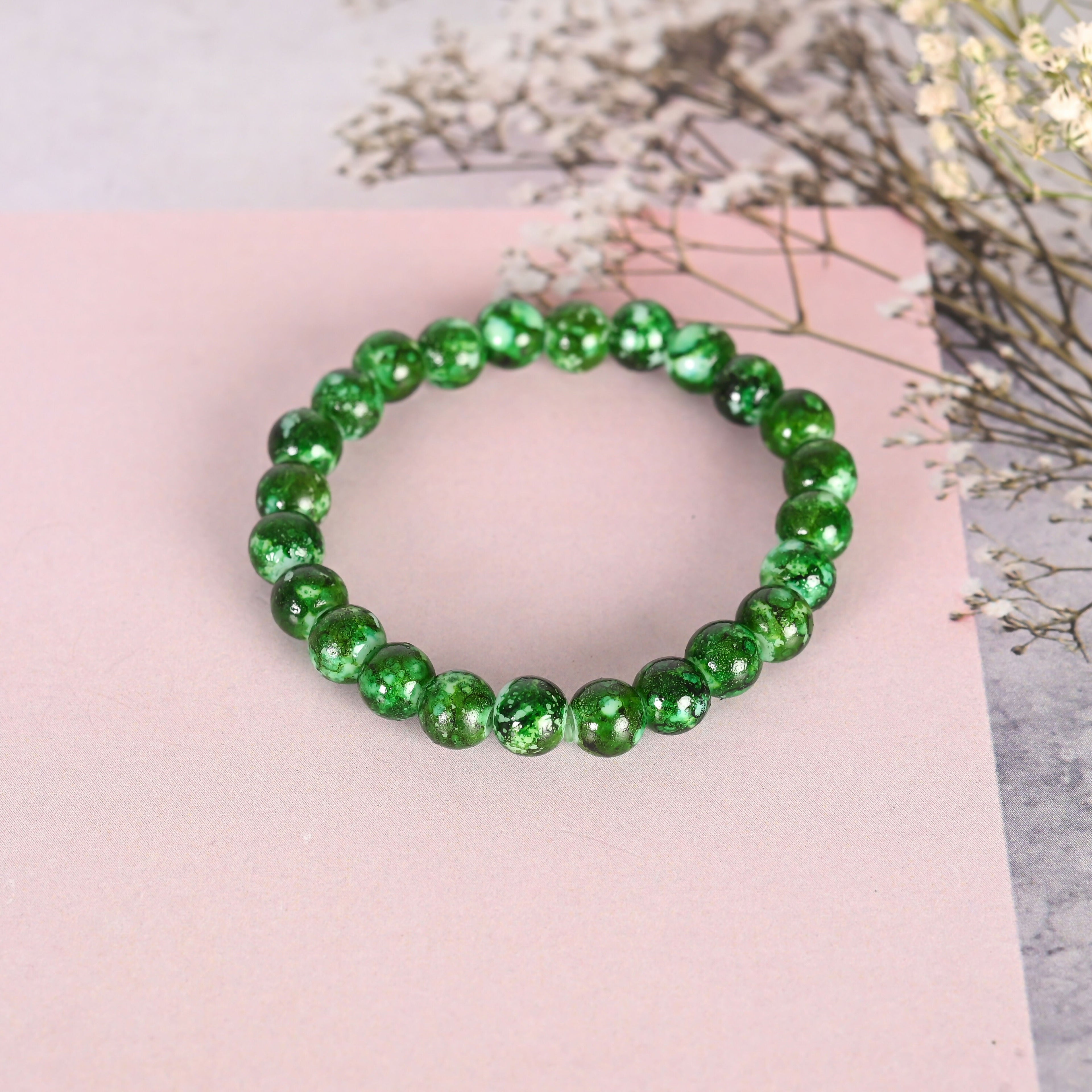 NVR Men & Women Green Marble Crystal Beaded Elasticated Bracelet
