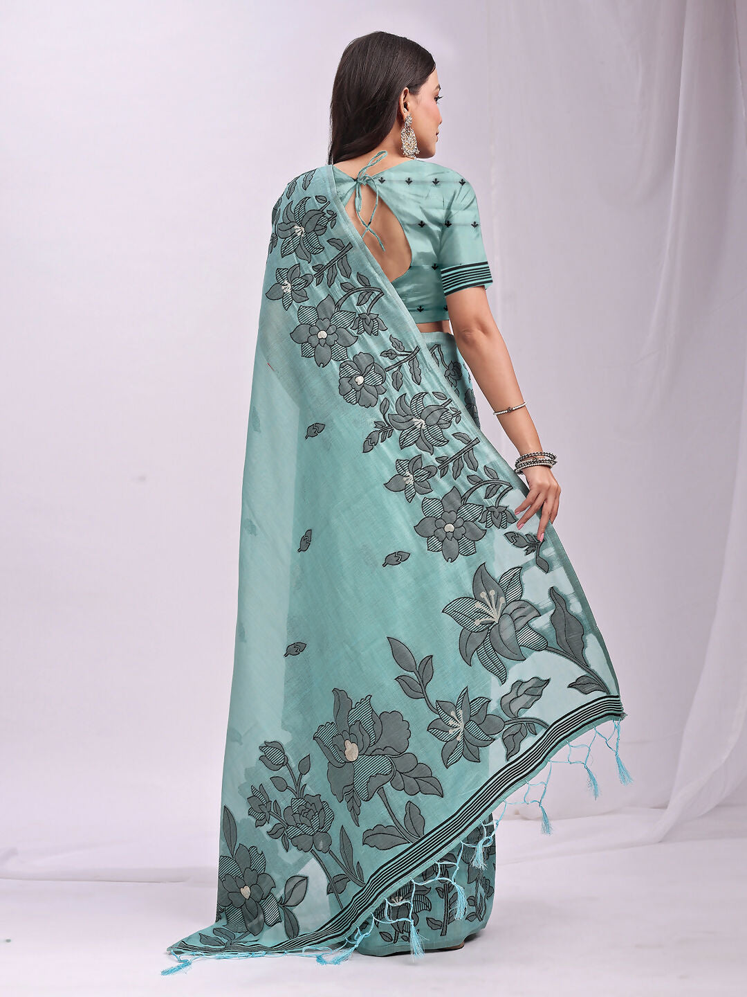 Shree Shyam Fashion Kashira Sea Green Linen Cotton Saree