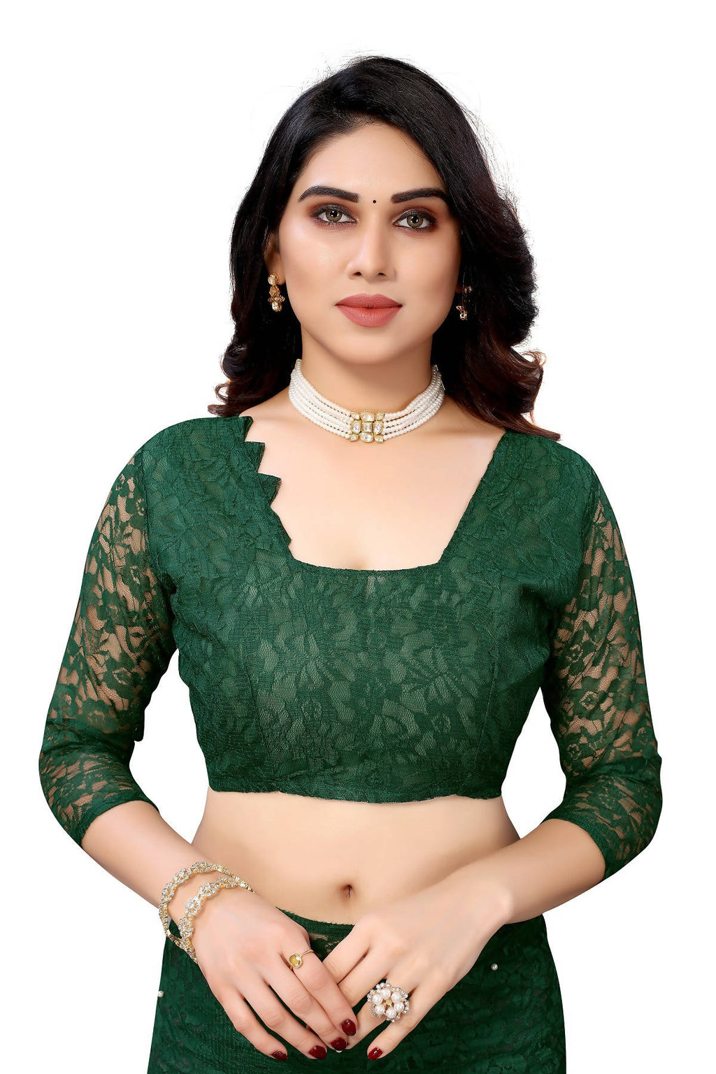 Vamika Ethnic Fire Green Pearls Net Saree
