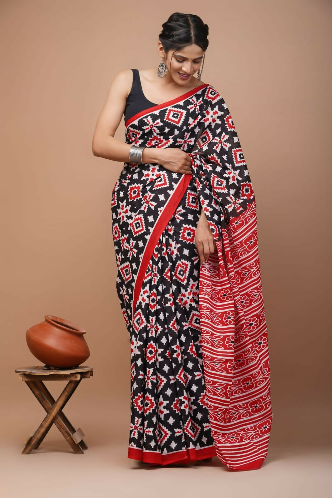 Exclusive Collection Black Red White Beautiful Mulmul Cotton Saree