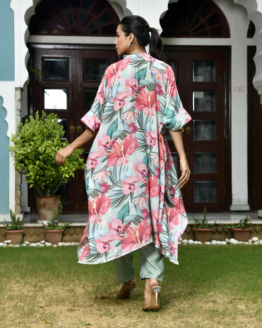 Vaasva Women's Aqua Musline Viscose Digital Printed Kaftan Pant Set