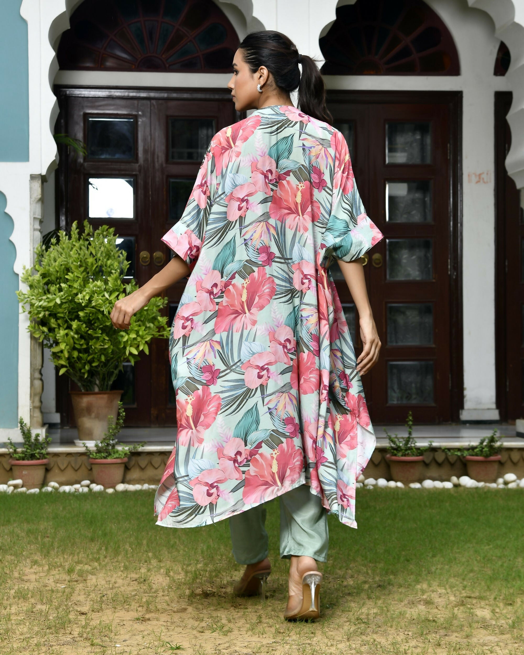 Vaasva Women's Aqua Musline Viscose Digital Printed Kaftan Pant Set