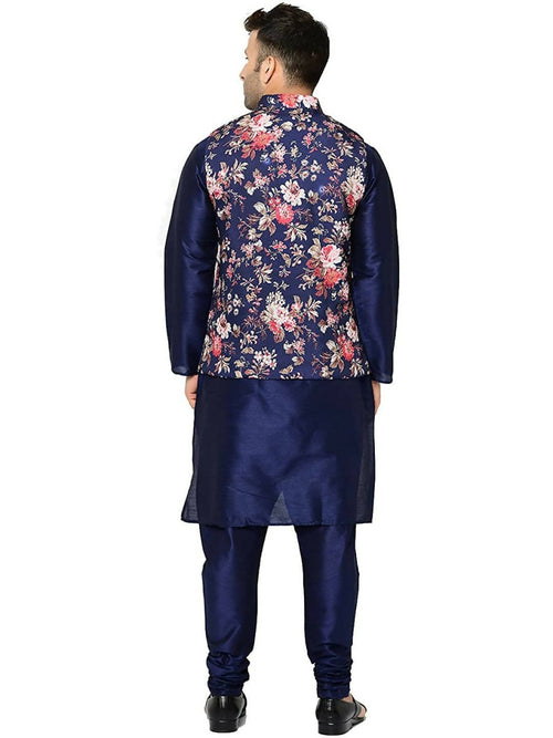 ABH Lifestyle Men's Silk Navy Blue Kurta Pyjama & Printed Nehru Jacket