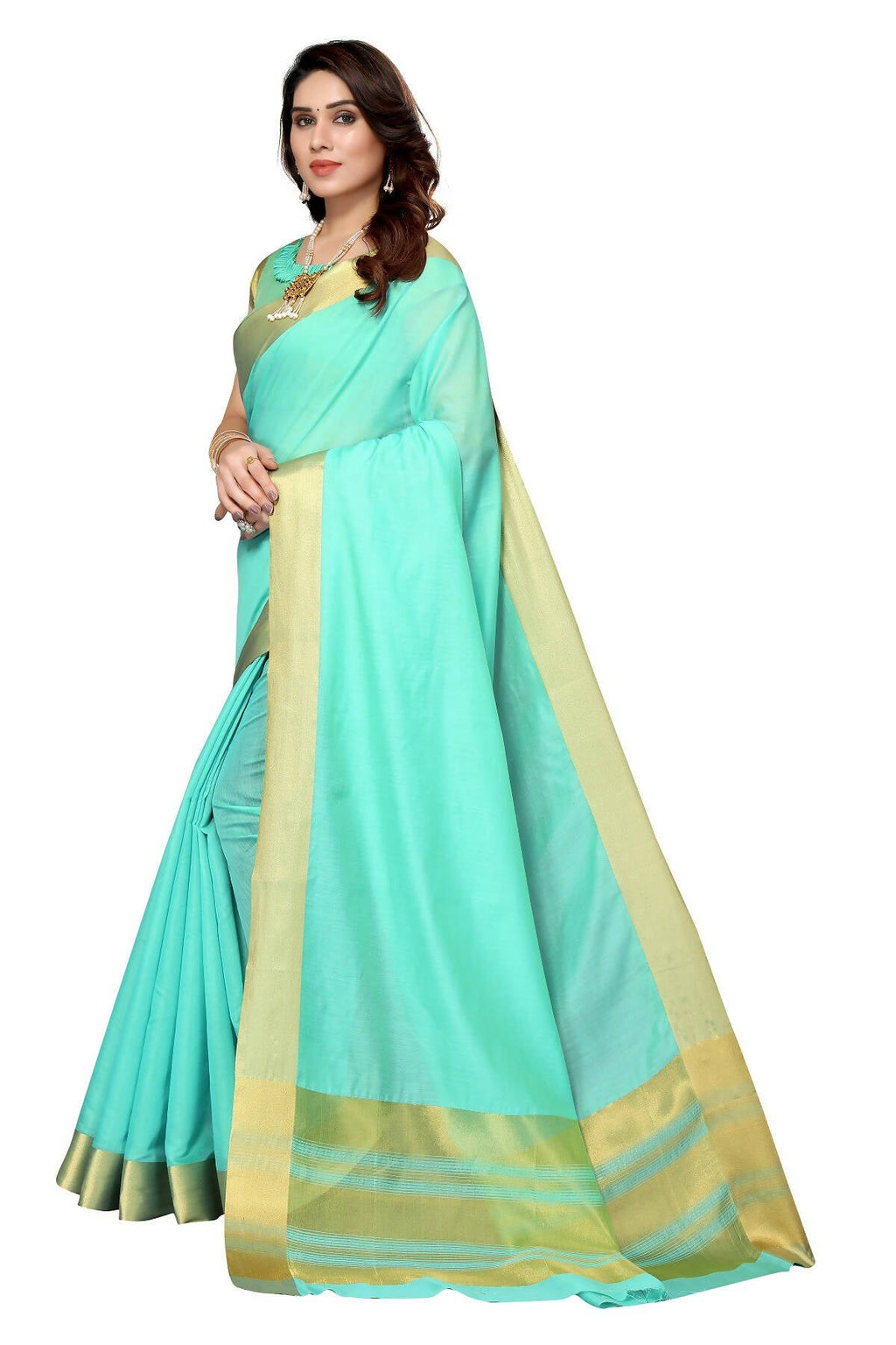 Vamika Sky Blue Cotton Polyester Silk Weaving Saree
