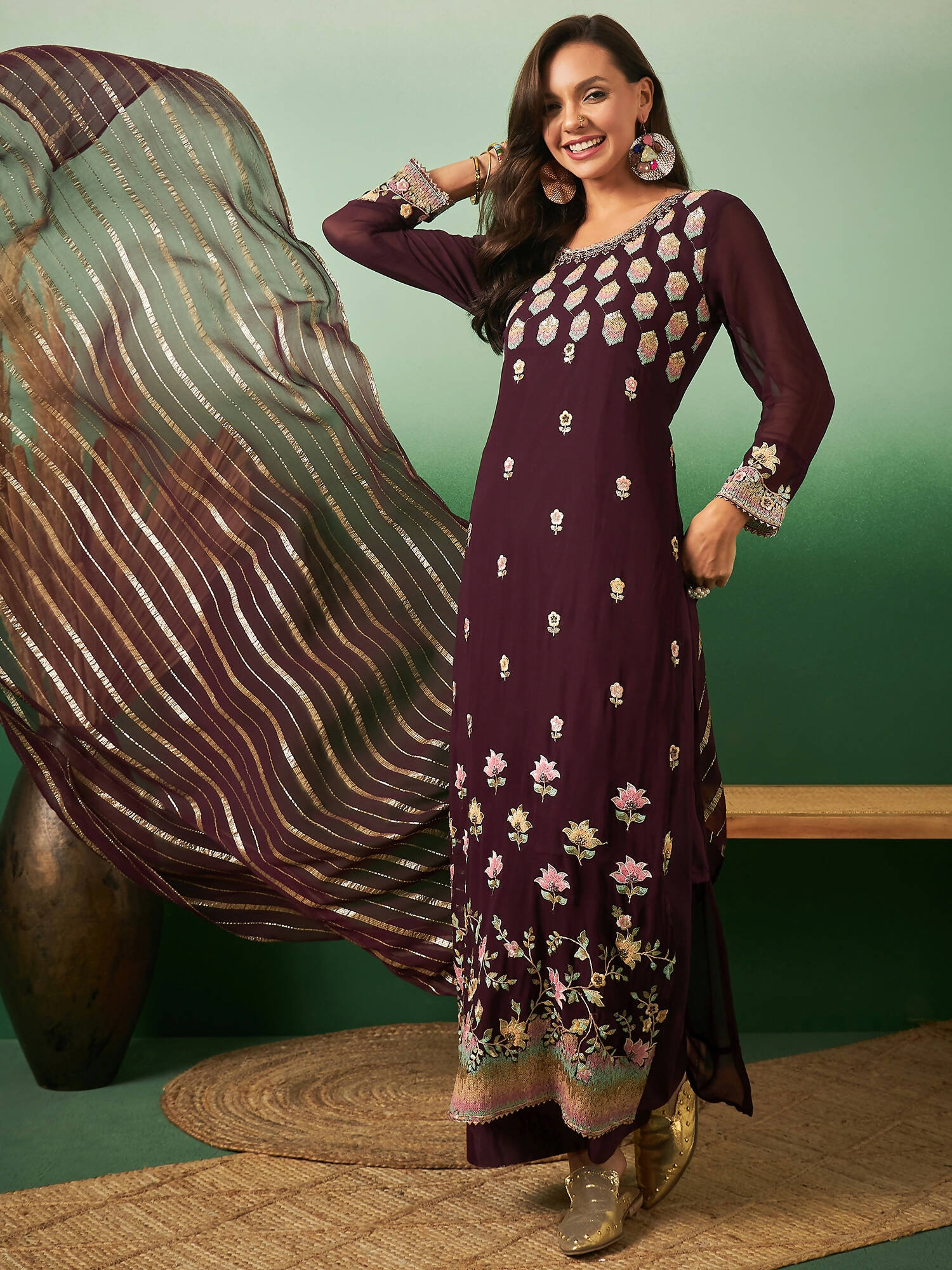 Wine Georgette Handwork Unstitched Dress Material - Hanika