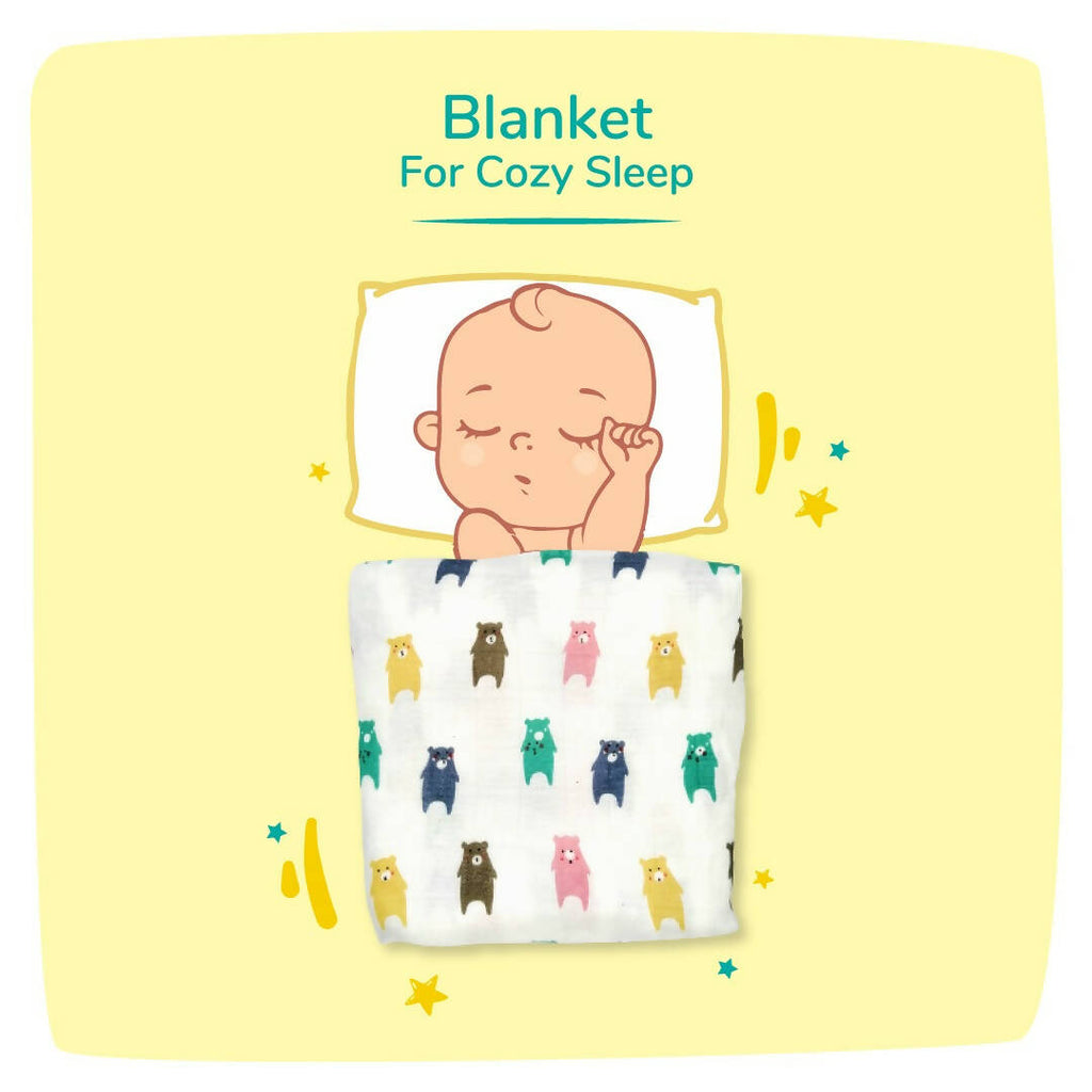 Kindermum Organic Cotton Muslin Swaddle Blanket 110 Cm X 110 Cm - Set Of 2 - Colorful Polka And Bear