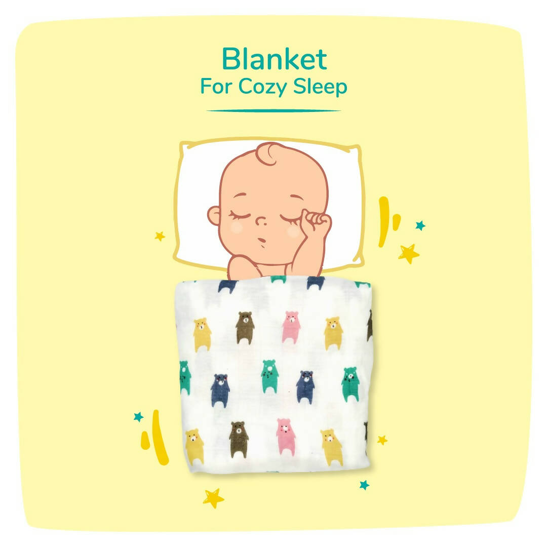 Kindermum Organic Cotton Muslin Swaddle Blanket 110 Cm X 110 Cm - Set Of 2 - Colorful Polka And Bear