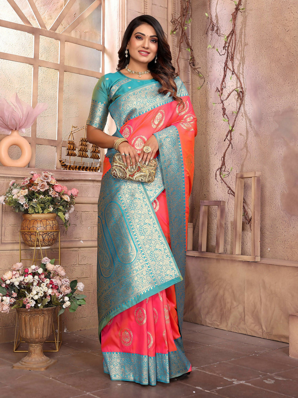 Joban Fashion Pink Banarasi Soft Silk Woven Saree