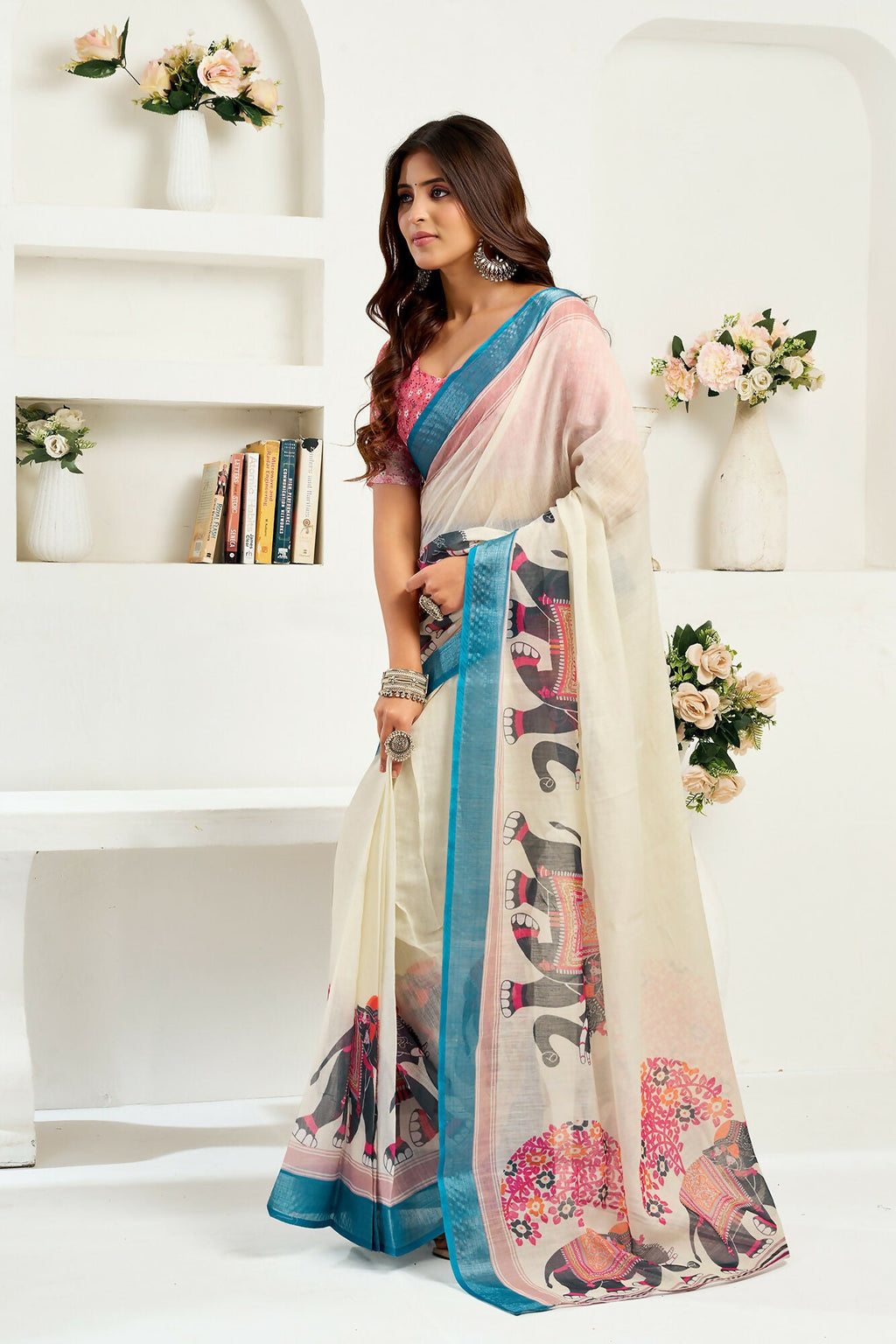 Vastranavya Cream Digital Printed Linen Ready To Wear Designer Saree with Unstitched Blouse