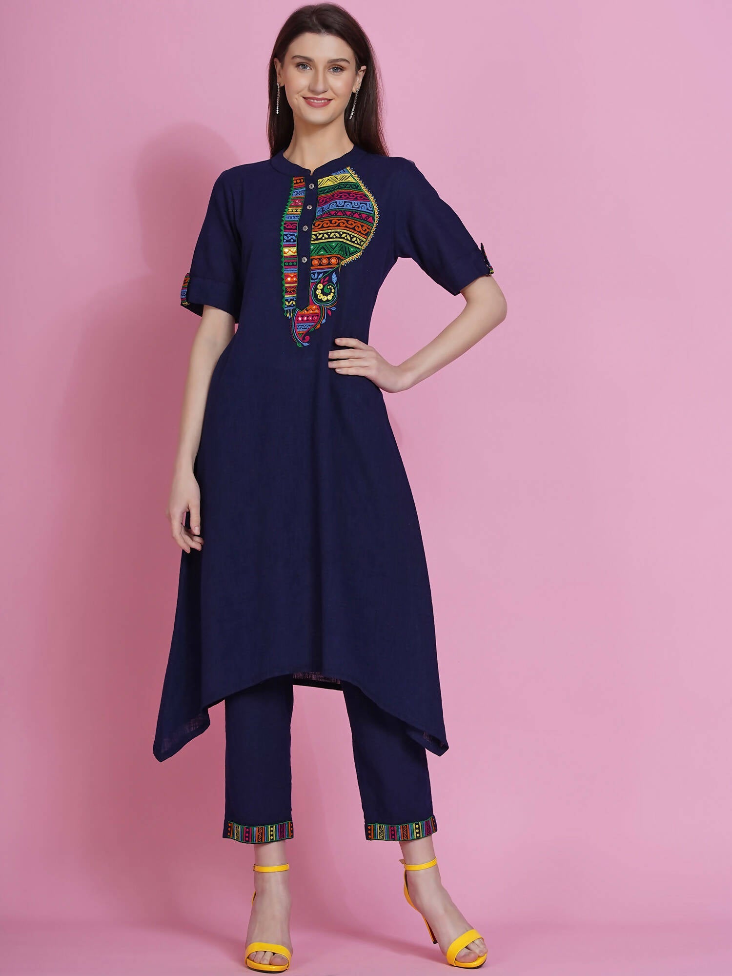 Women Republic Navy Blue Cotton Embroidered Kurta With Pants