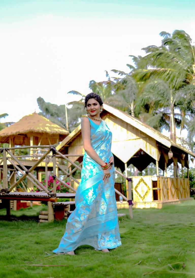 Partywear Designer Sky Blue Jamdani contton Fancy Saree - Starwalk