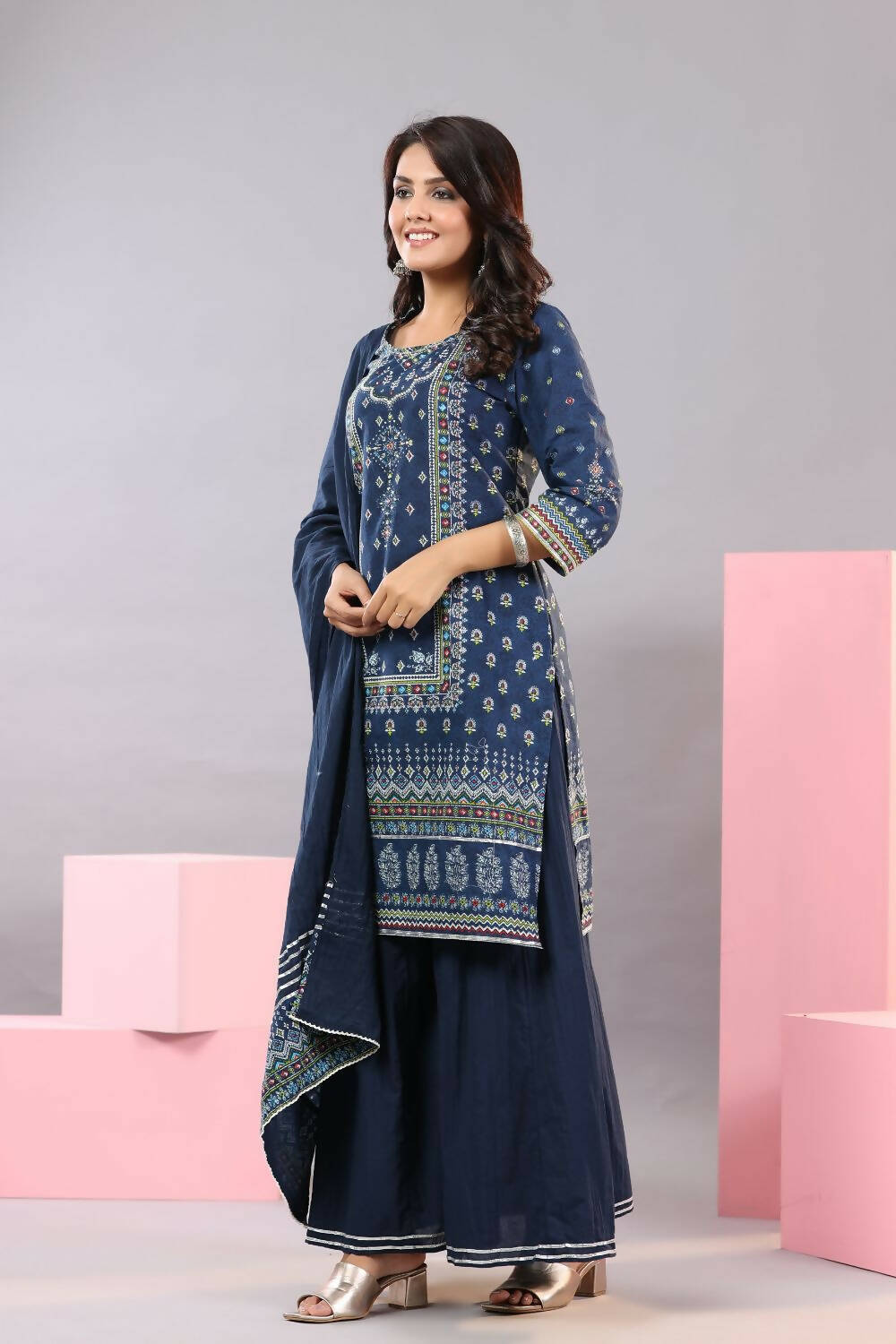 Juniper Women Indigo Cotton Cambric Printed Kurta, Palazzo and Dupatta Set