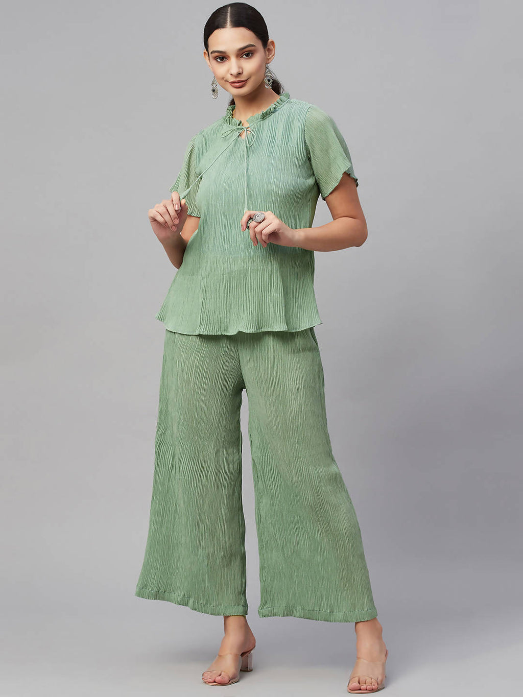 Myshka Women Green Chiffon Round Neck Top Palazzo Set