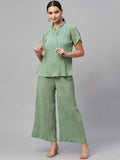 Myshka Women Green Chiffon Round Neck Top Palazzo Set