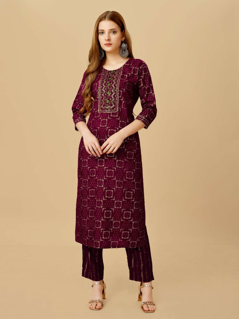 Jyoti Fashion Women's Wine Viscose Rayon Embroidered Kurta Pant Set