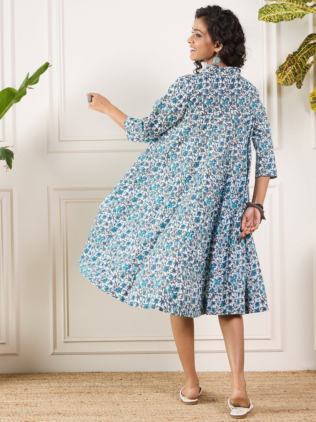 InWeave Aqua Blue Floral Grey Jaal Collar Flared Dress