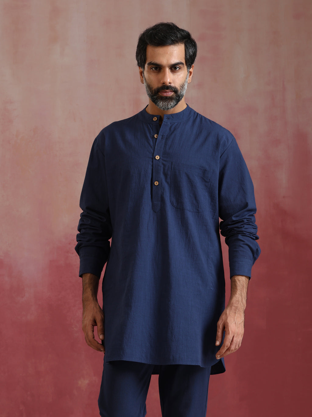 trueBrowns Men's Navy Cotton Mandarin Collar Kurta Co-ord set