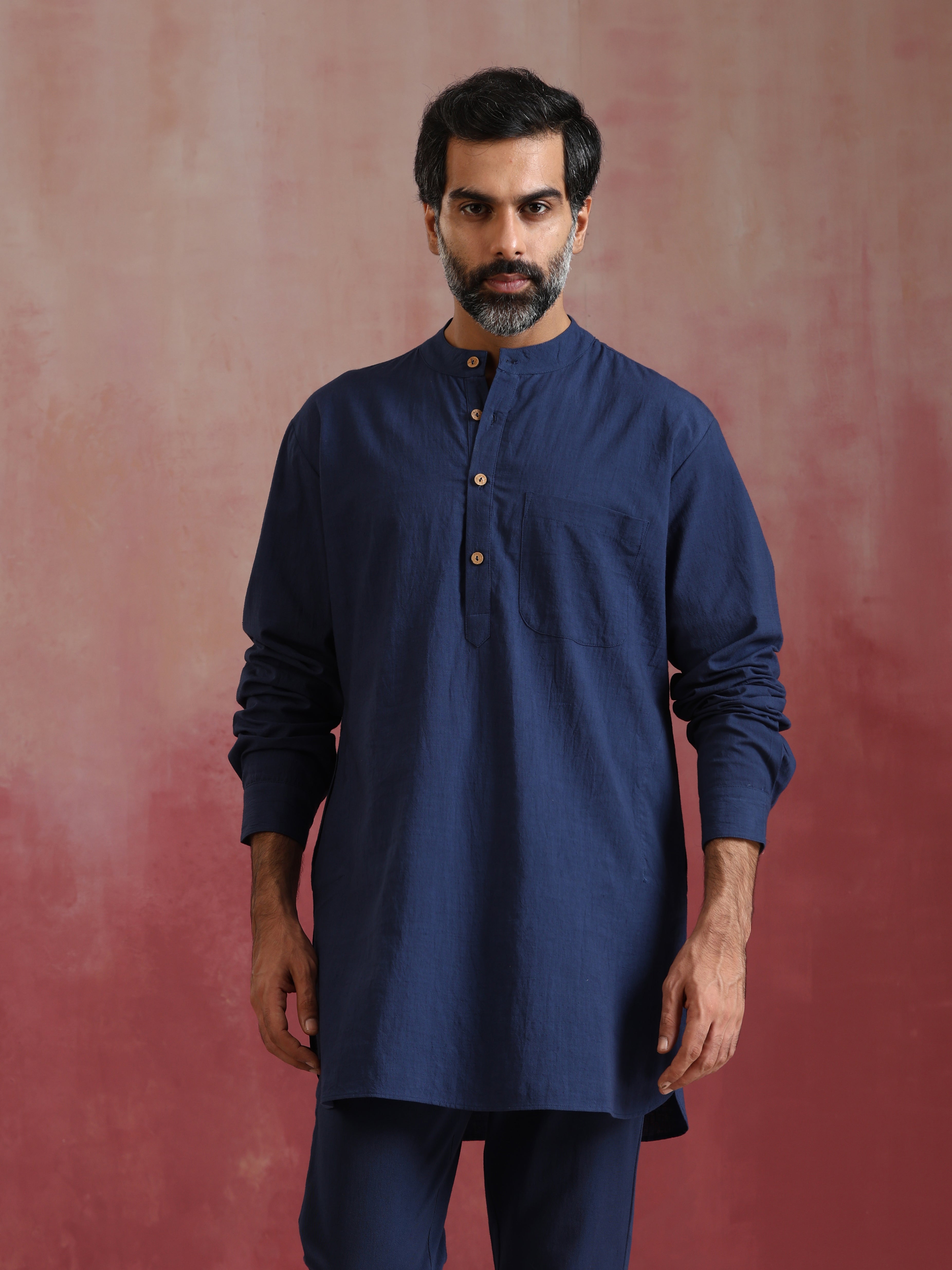 trueBrowns Men's Navy Cotton Mandarin Collar Kurta Co-ord set