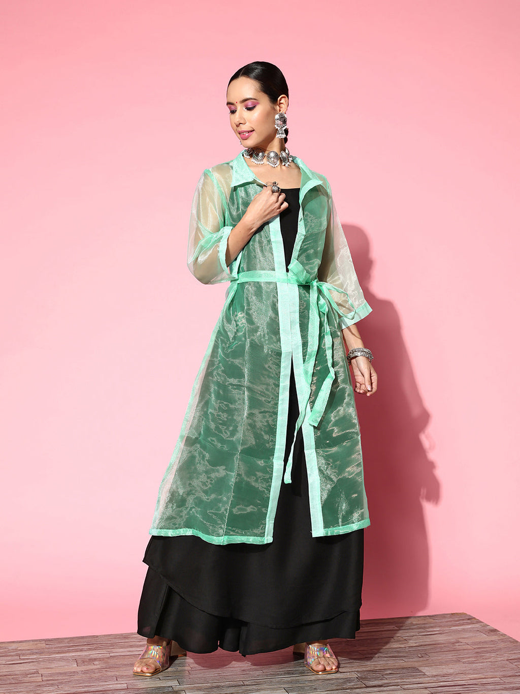 InWeave Women's Black Strappy Kurta Set With Teal Organza Cape