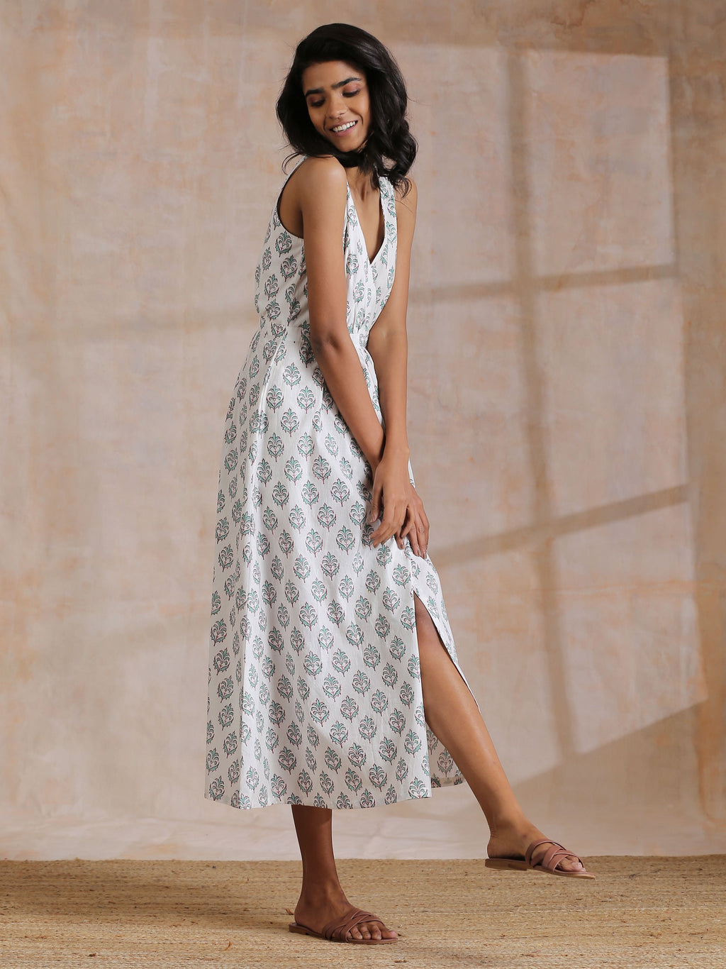 trueBrowns Green Buta On White Block Print Cotton Sleeveless Wrap Dress