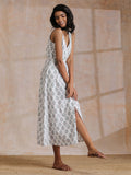 trueBrowns Green Buta On White Block Print Cotton Sleeveless Wrap Dress