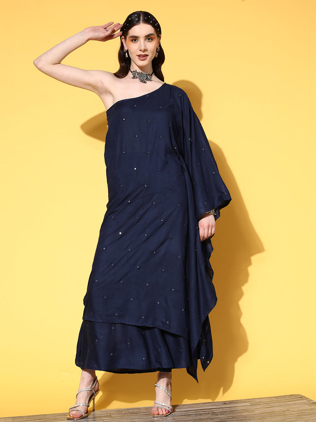 InWeave Women's Navy Mirror Work One Shoulder Kurta Set