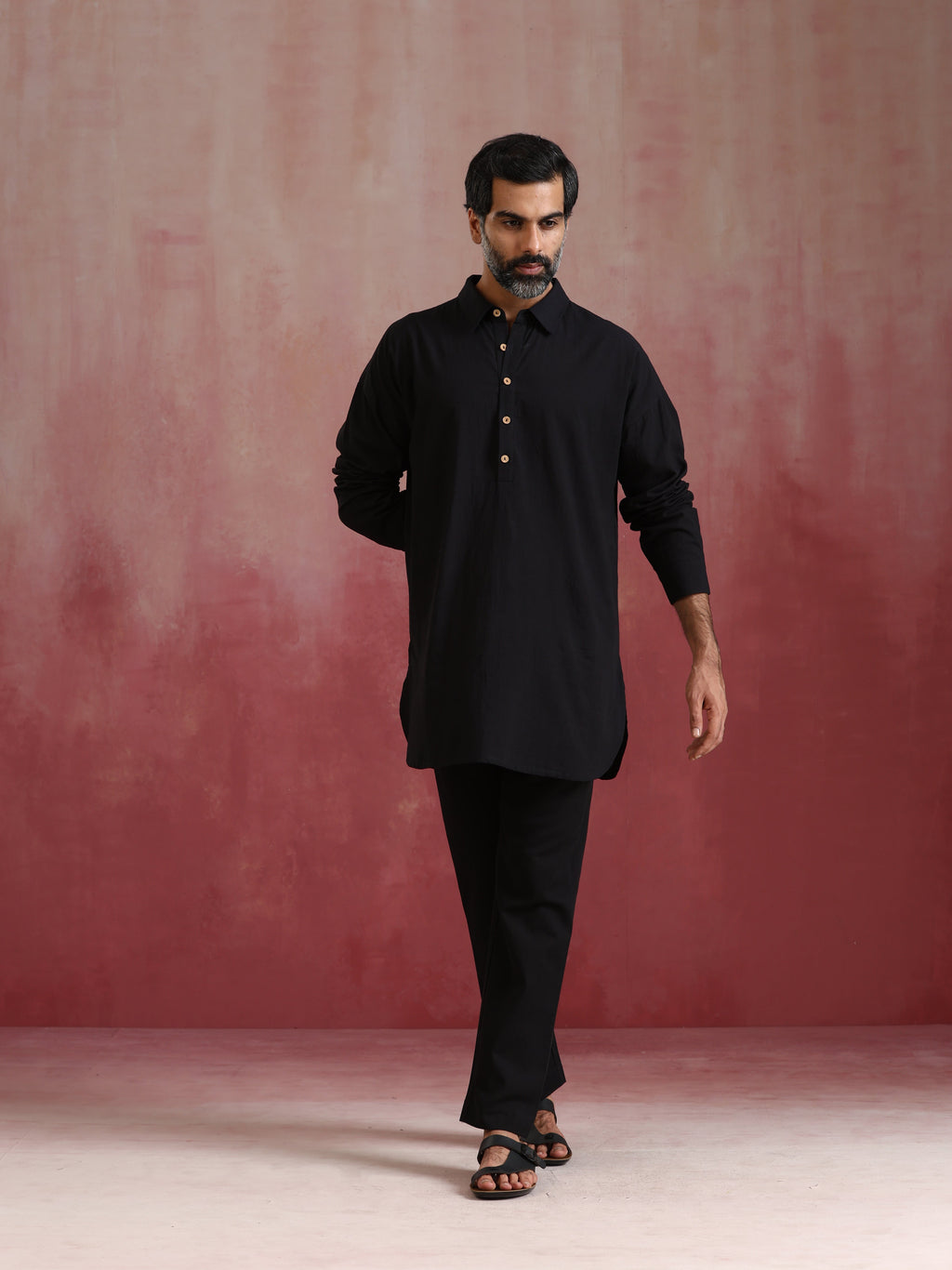trueBrowns Men's Black Cotton Shirt Collar Stylized Kurta Co-ord set