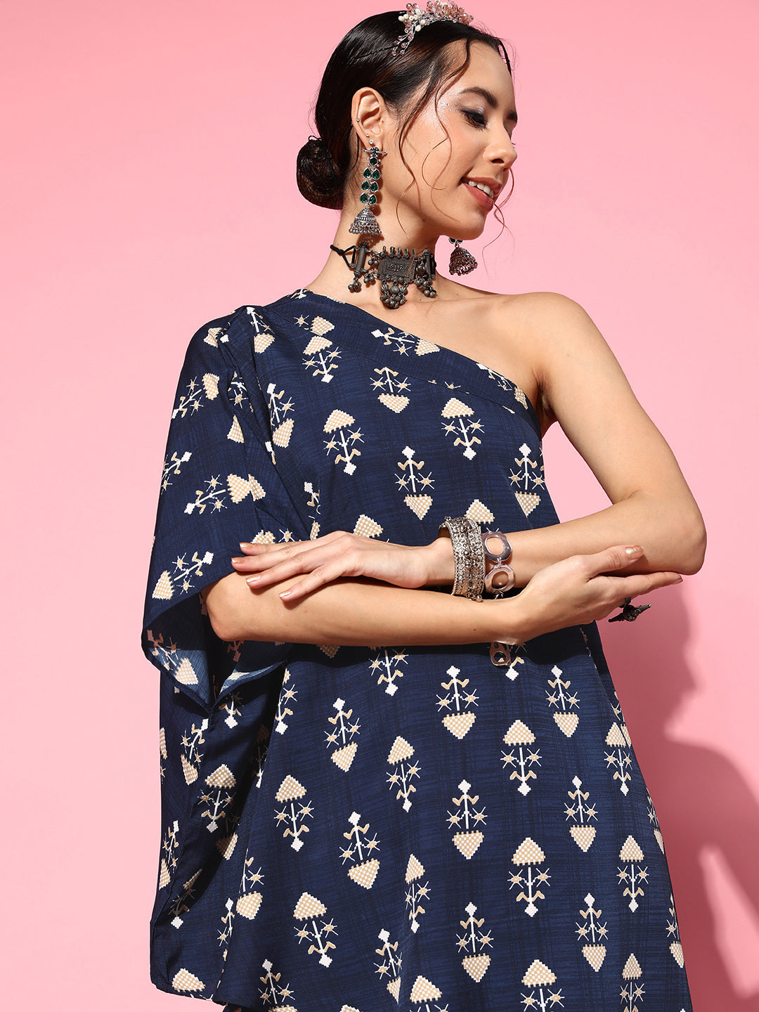 InWeave Women's Blue Boota One Shoulder Top With Palazzo Set