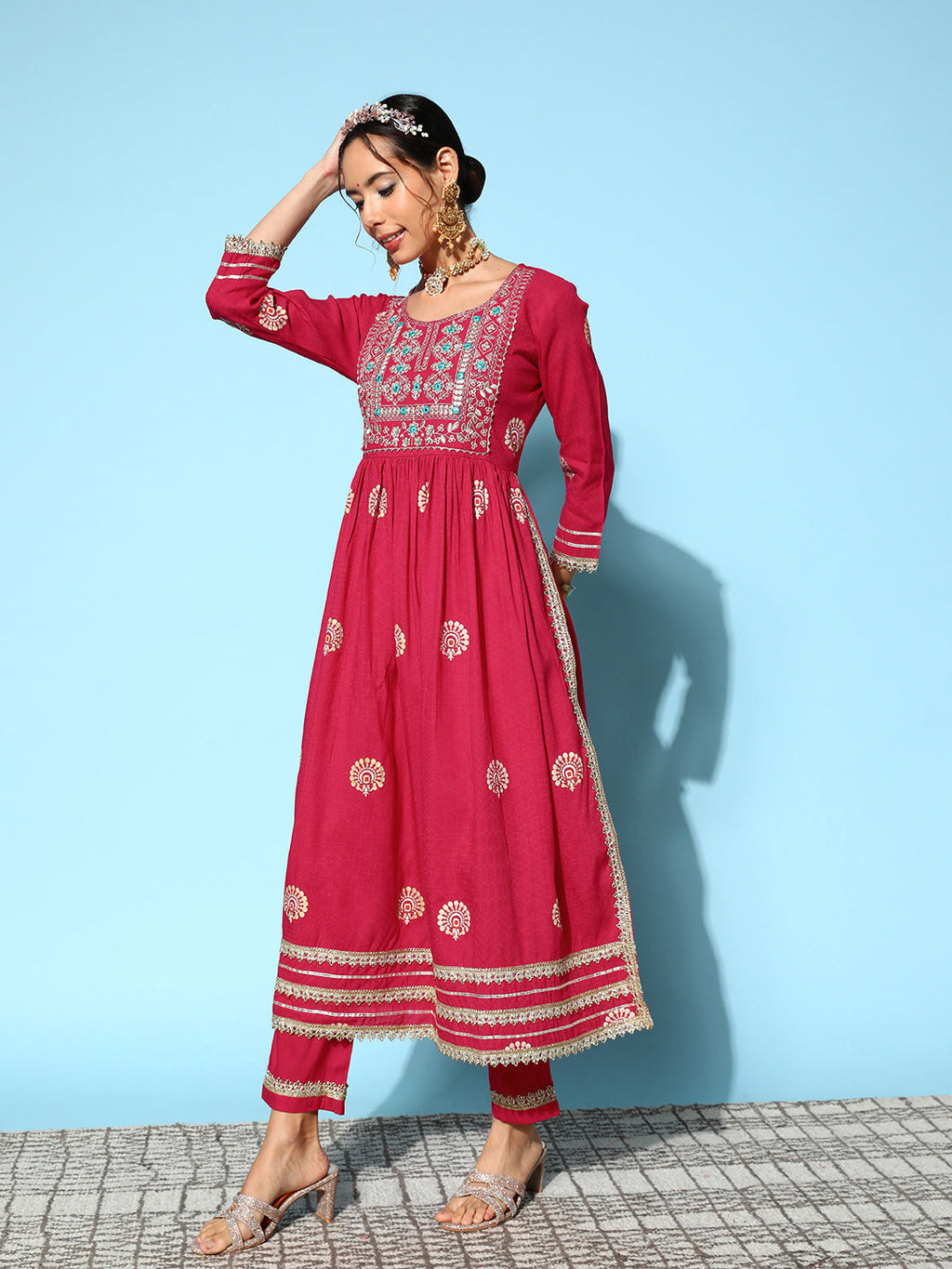 InWeave Women's Pink Nyra Cut Embroidered Kurta Set With Dupatta