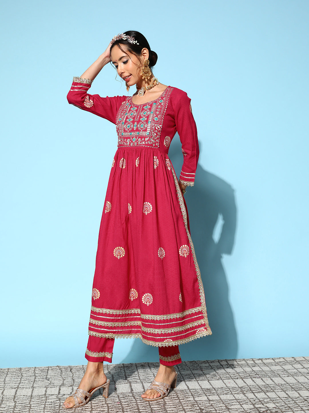 InWeave Women's Pink Nyra Cut Embroidered Kurta Set With Dupatta