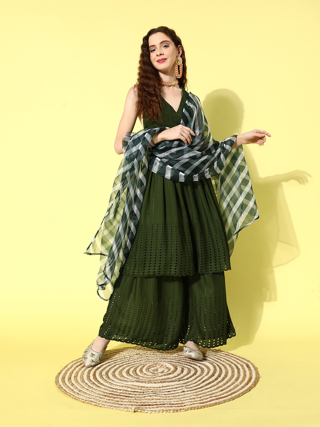 InWeave Women's Green Lace Work Backless Kurta Sharara Set With Lehariya Dupatta