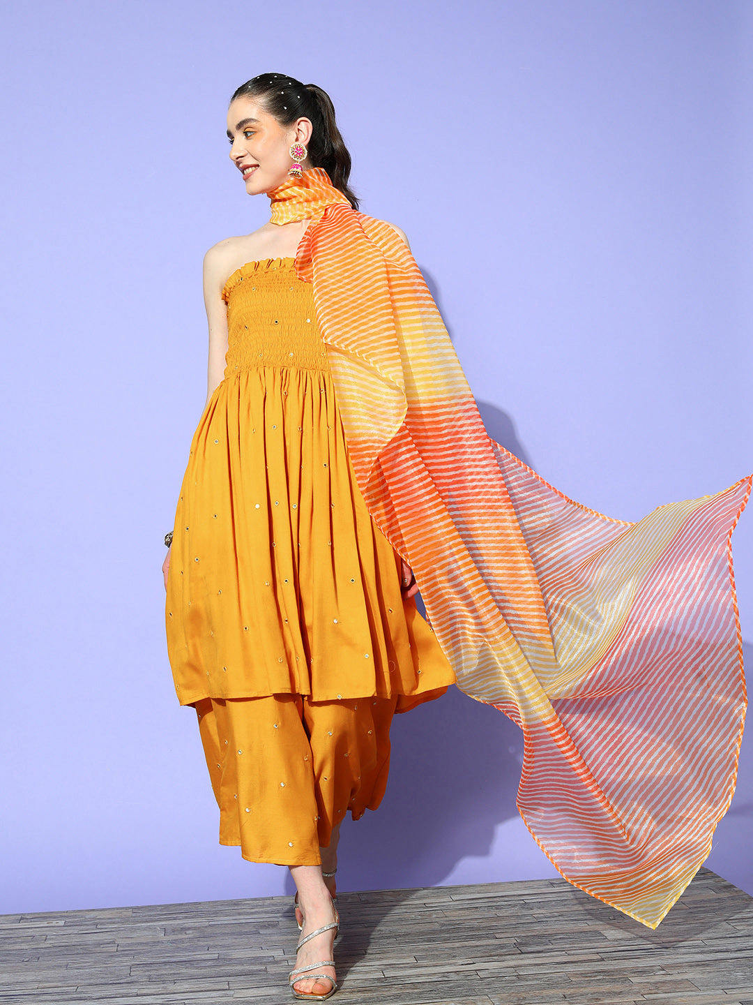 InWeave Women's Mustard Mirror Work Off Shoulder Kurta Set With Dupatta