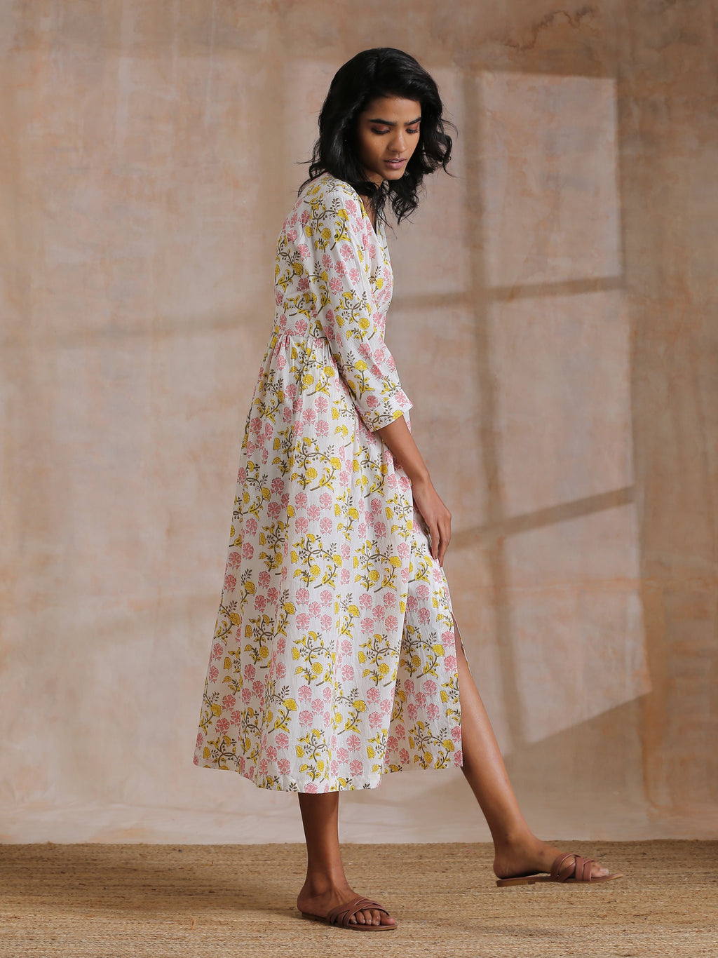 trueBrowns Pink Yellow Floral On White Block Print Cotton Wrap Dress