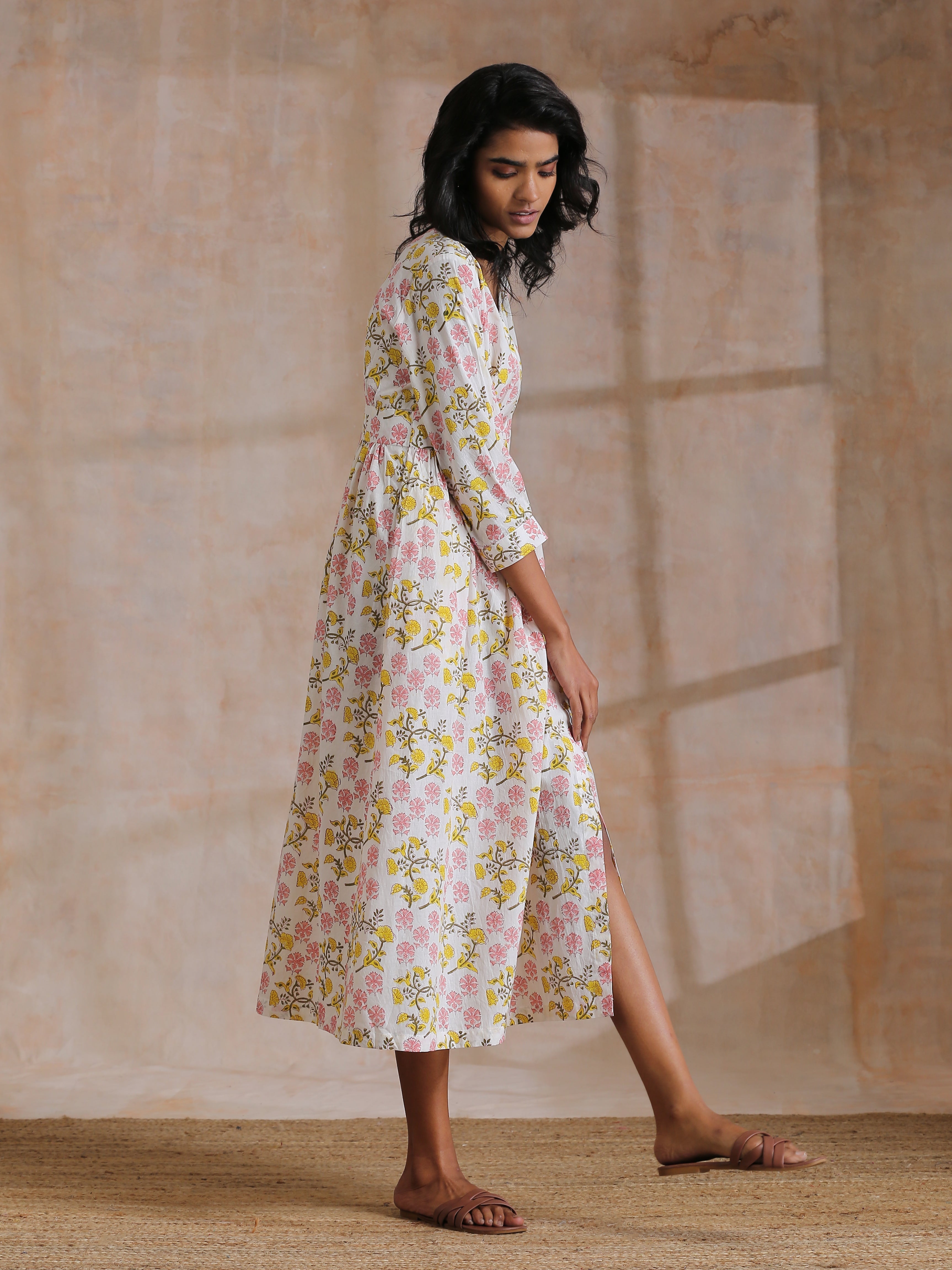 trueBrowns Pink Yellow Floral On White Block Print Cotton Wrap Dress