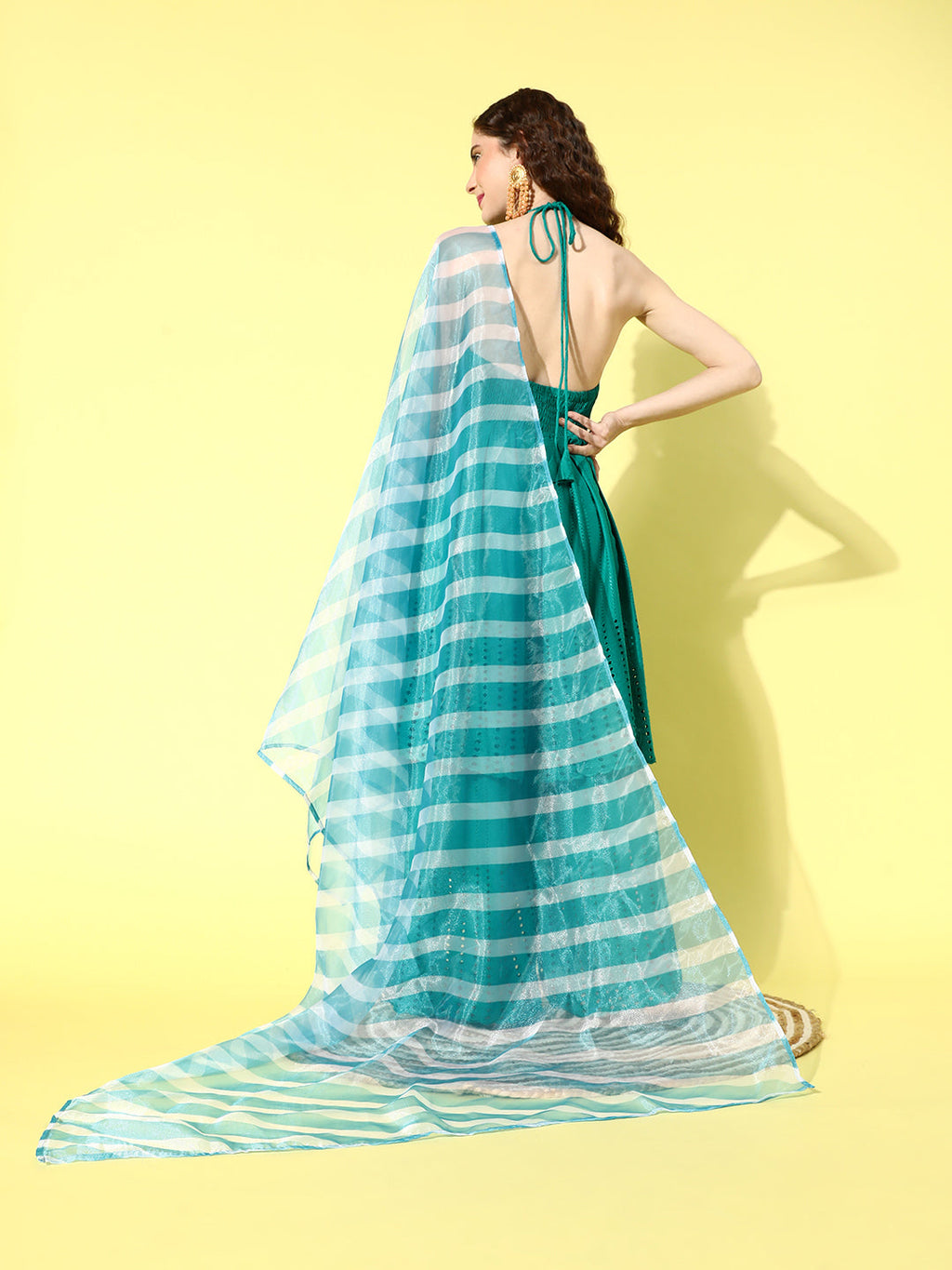 InWeave Women's Teal Lace Work Backless Kurta Sharara Set With Lehariya Dupatta