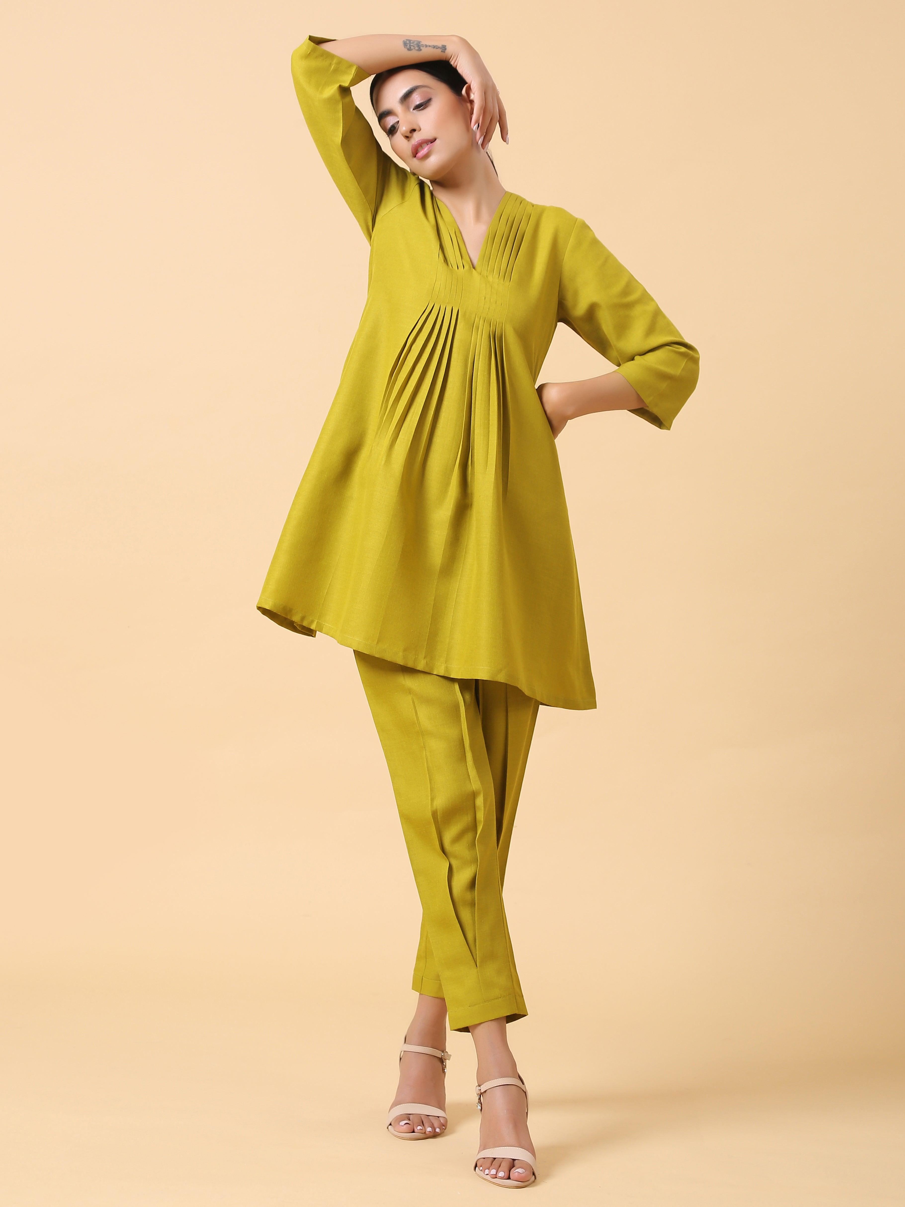 trueBrowns Cotton Linen Lime Green Pleated Co-Ord Set