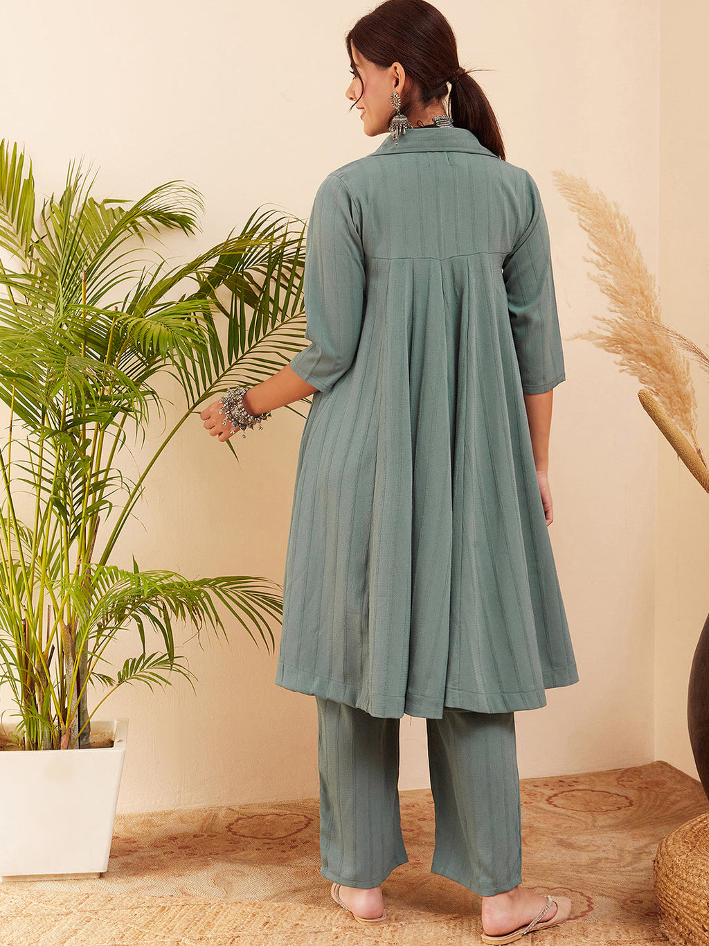 InWeave Women's Light Mint Collared Neck Flared Kurta Pant Set