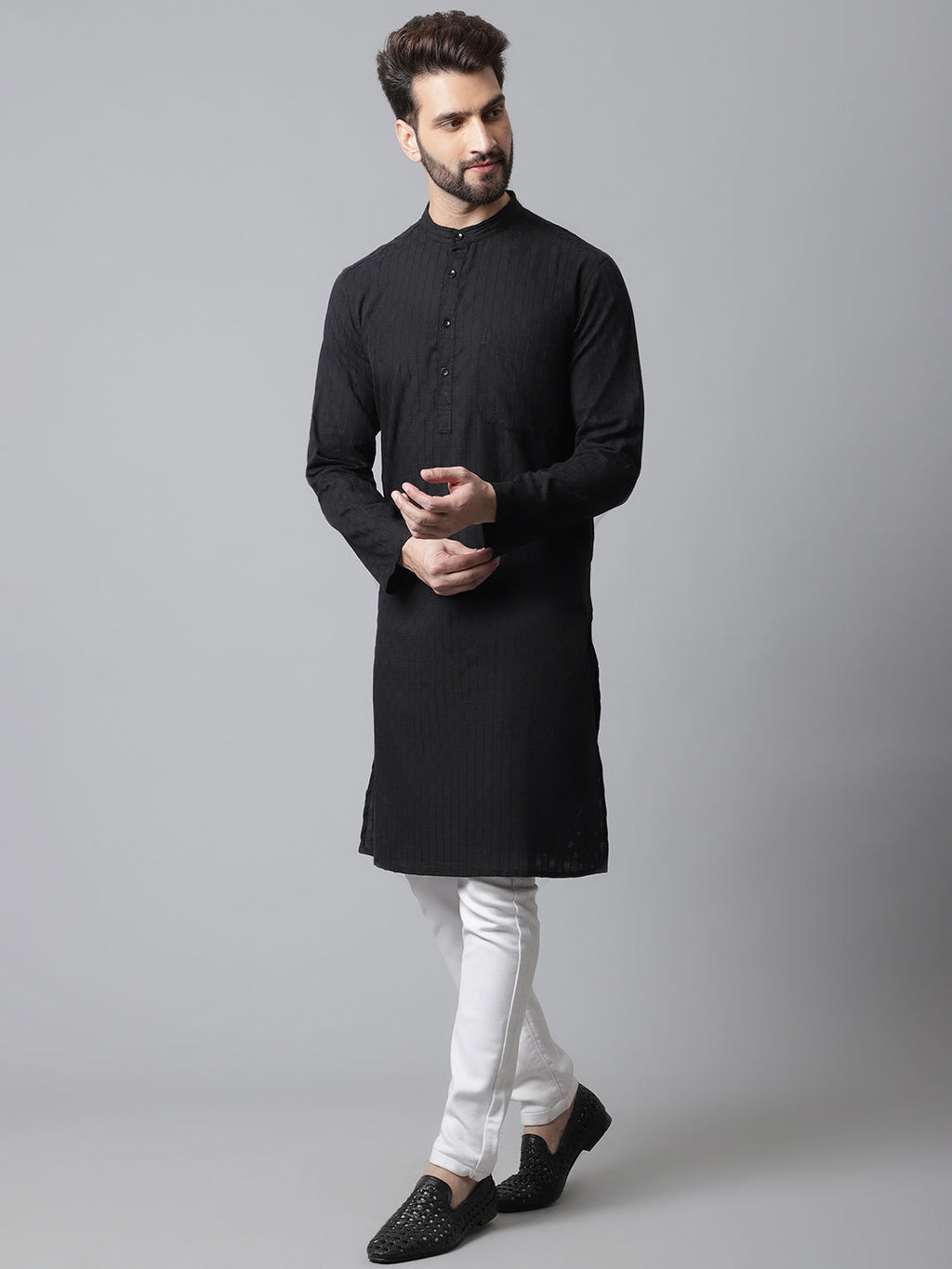 Even Apparels Black Long Kurta With Band Collar