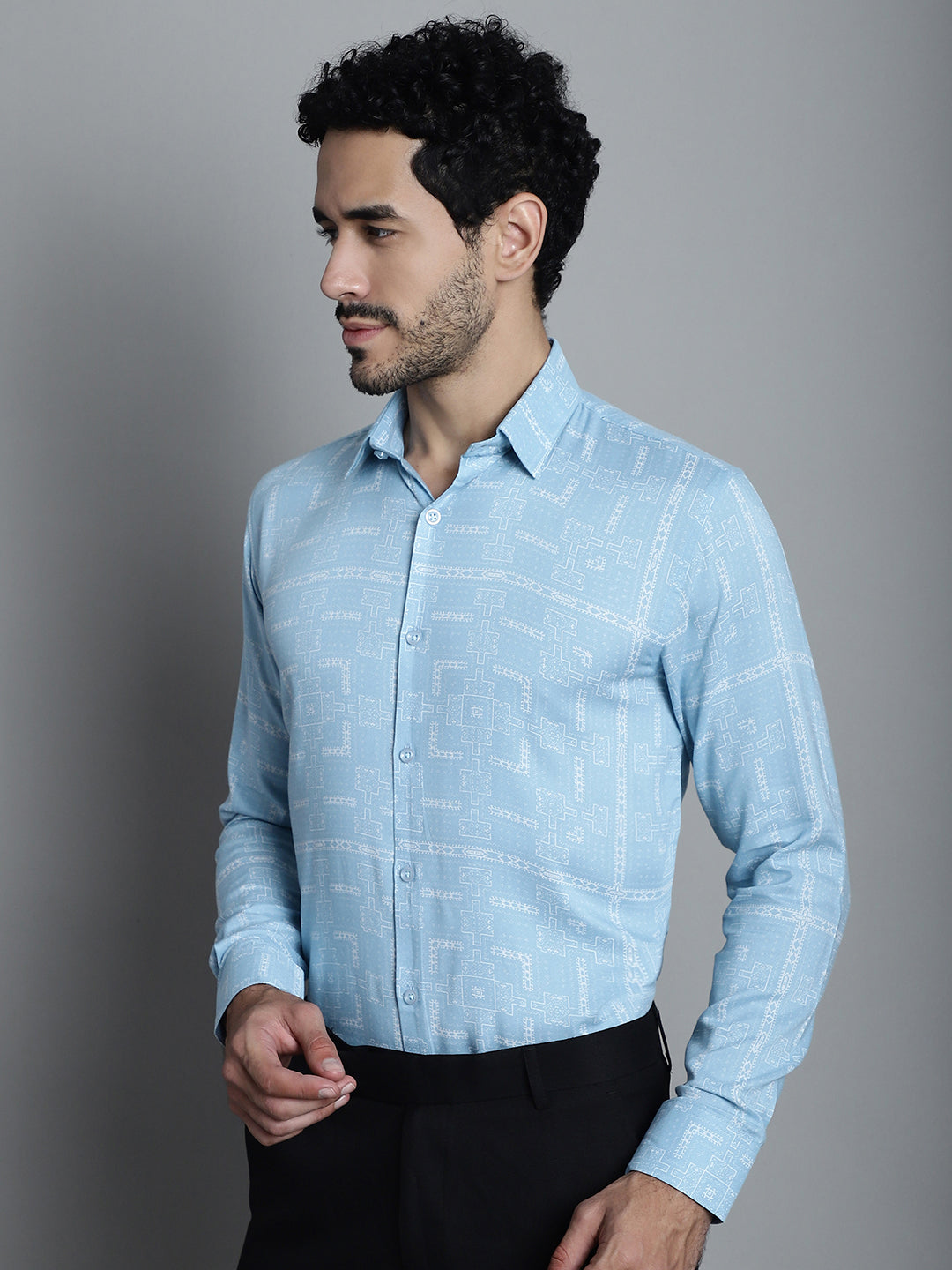 Jainish Men's Geomatric Printed Formal Shirts - Sky Blue