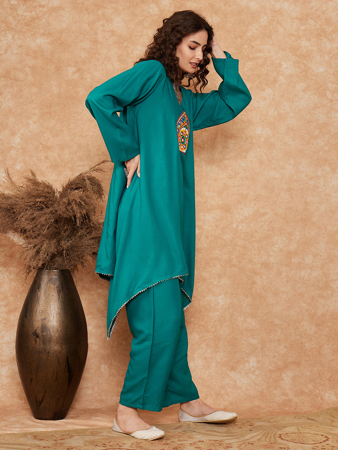 InWeave Women's Teal Trangle Yellow Patch Work Assymentrical Kurta Set