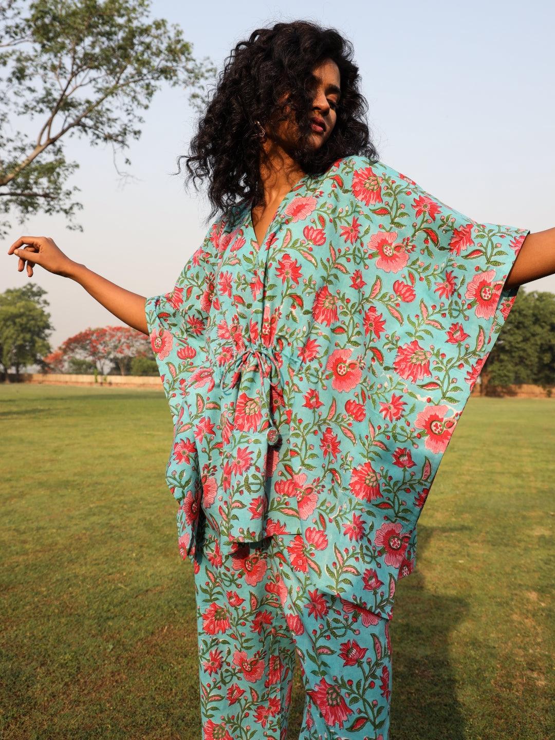 trueBrowns Aqua Cotton Block Print Kaftan Co-Ord Set