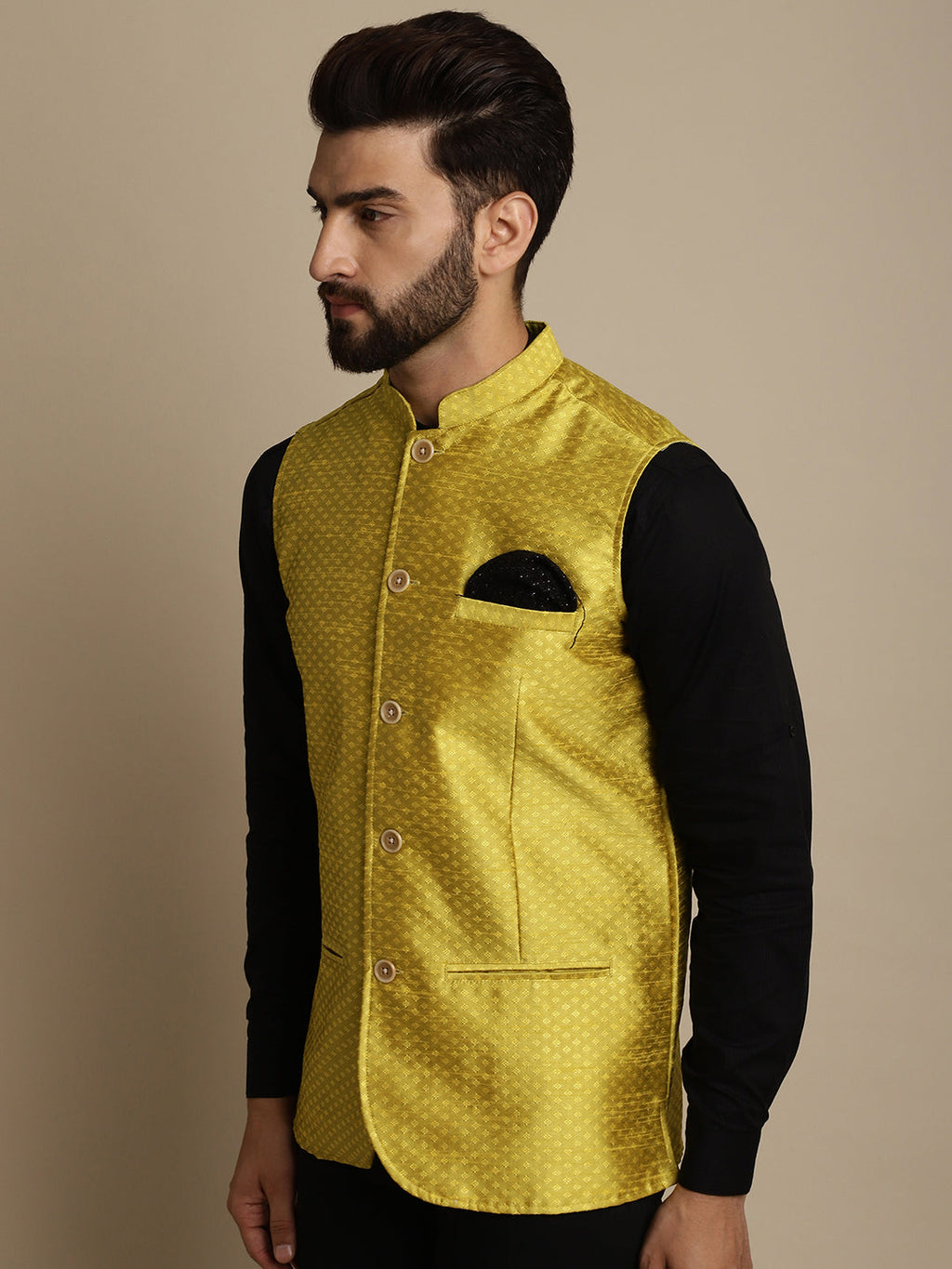 Even Apparels Men's Yellow Mandarin Collar Waistcoat