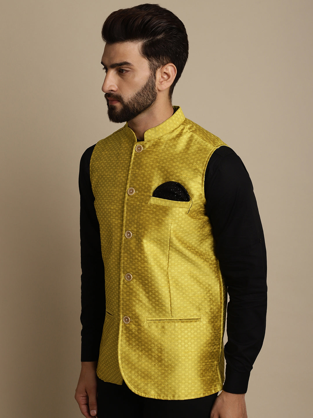 Even Apparels Men's Yellow Mandarin Collar Waistcoat
