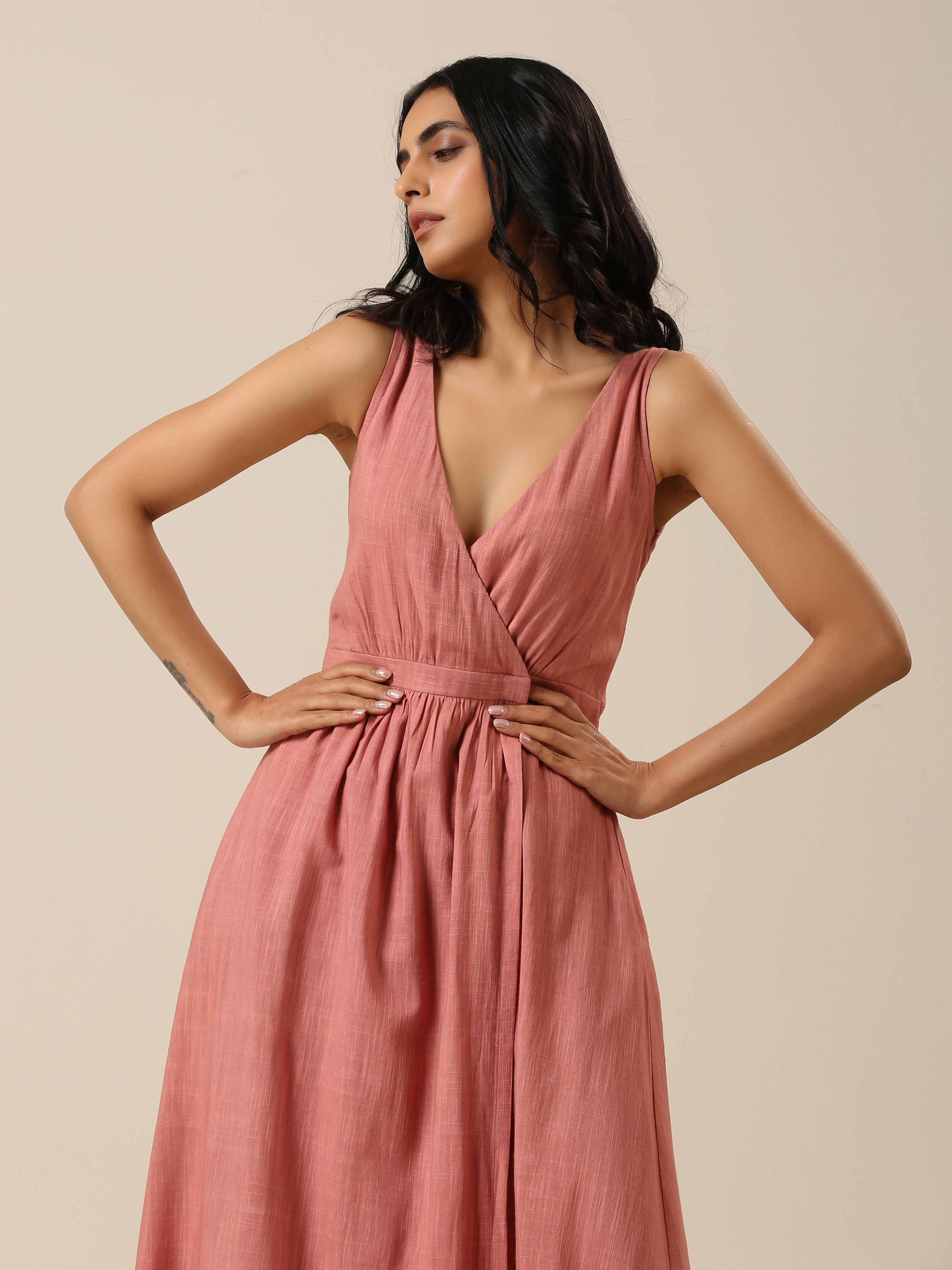trueBrowns Light Mauve Slub Texture Sleeveless Wrap Dress