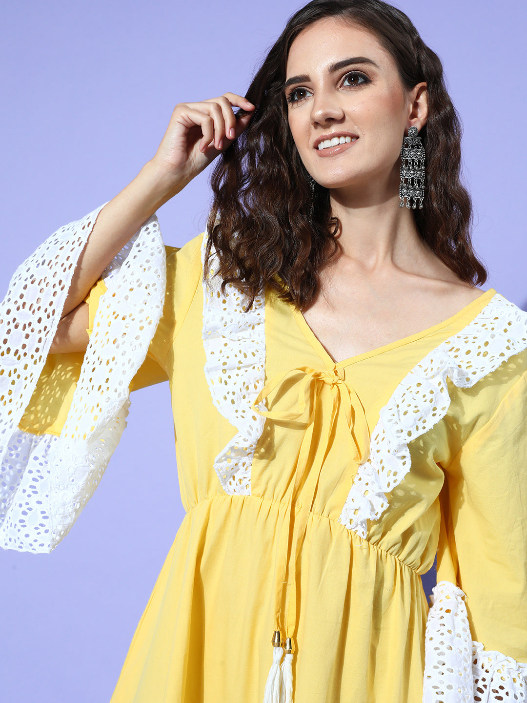 InWeave Women's Yellow Lacy Short Dress