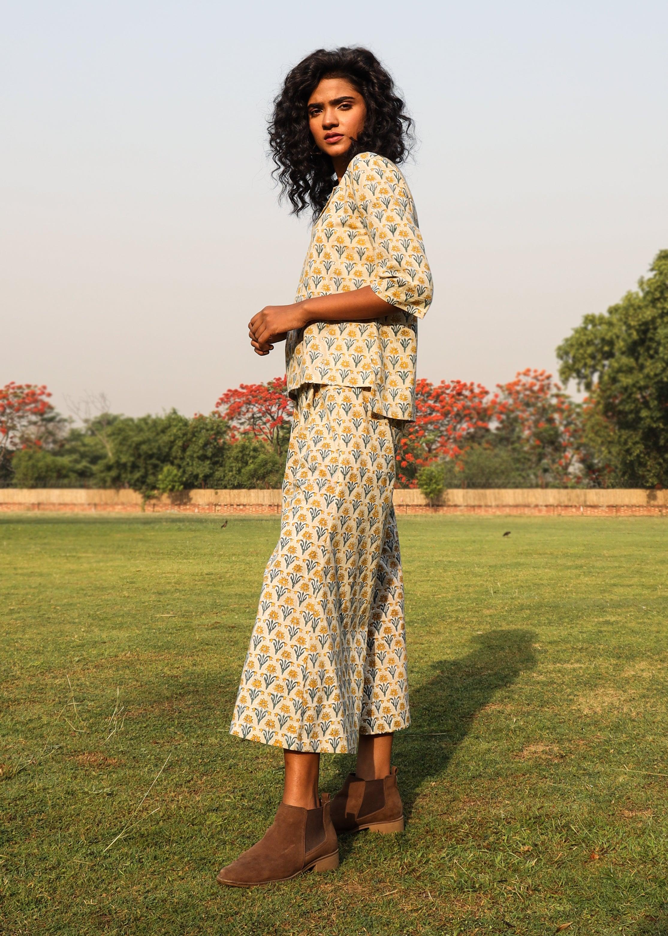 trueBrowns Light Sage Cotton Block Print Lapel Shirt Co-Ord Set