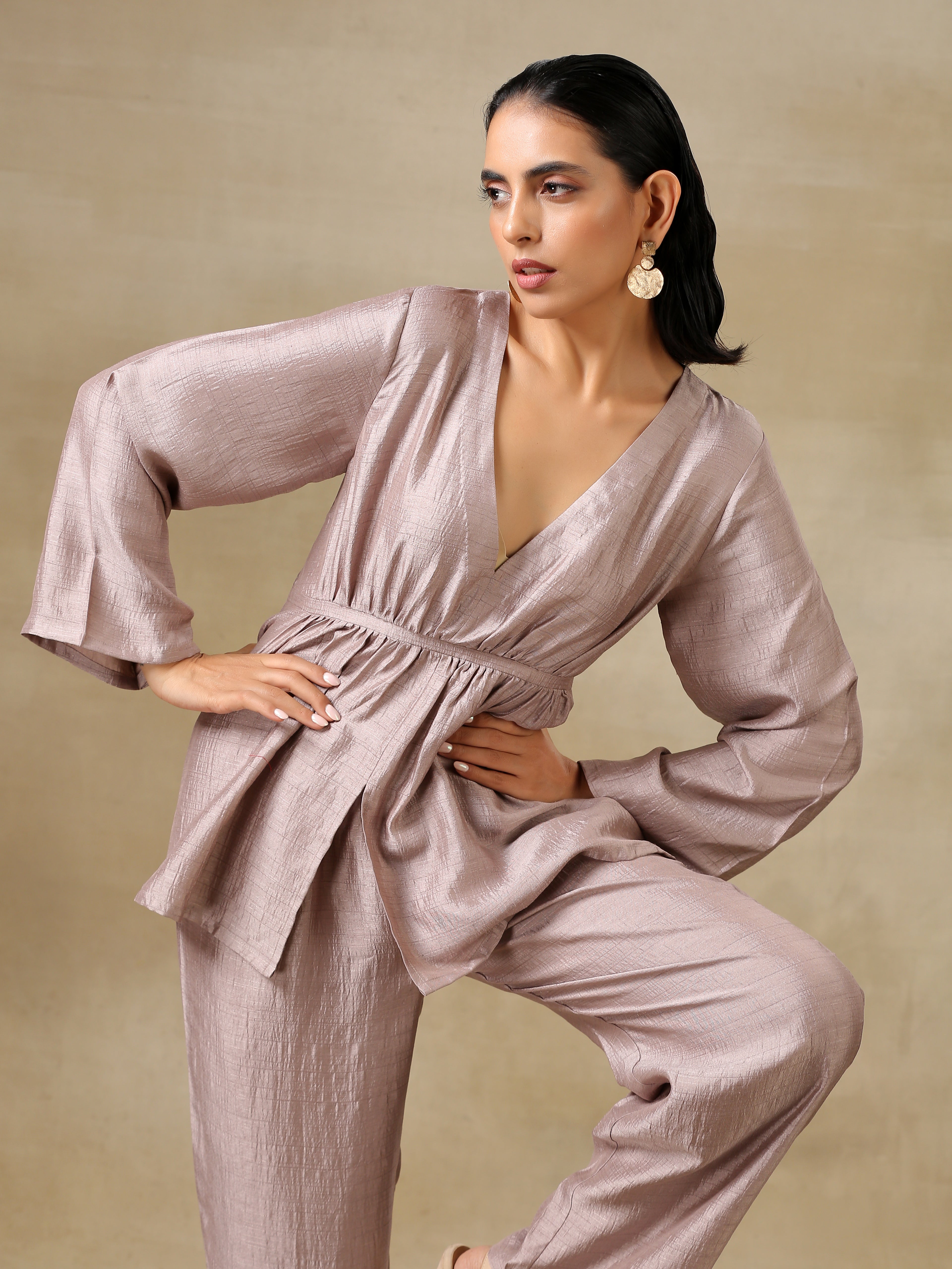 trueBrowns Grey Textured Silk Deep V-Neck Co-Ord Set