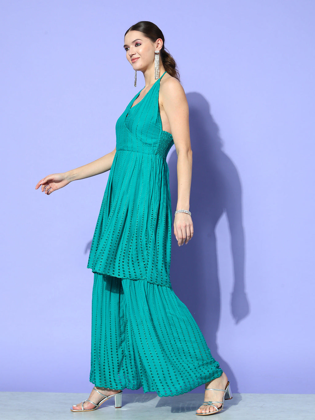 InWeave Women's Teal Lace Work Backless Kurta Sharara Set